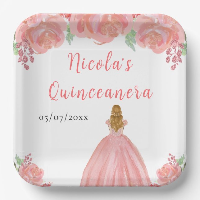 Blonde Hair Princess Pink Floral Quinceanera Paper Plates (Front)