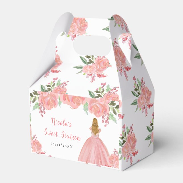 Blonde Hair Princess Pink Floral Sweet Sixteen Favor Boxes (Front Side)