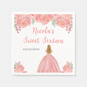 Blonde Hair Princess Pink Floral Sweet Sixteen Napkins
