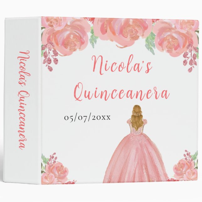 Blonde Hair Princess Pink Quinceanera Photo Album 3 Ring Binder (Front/Spine)