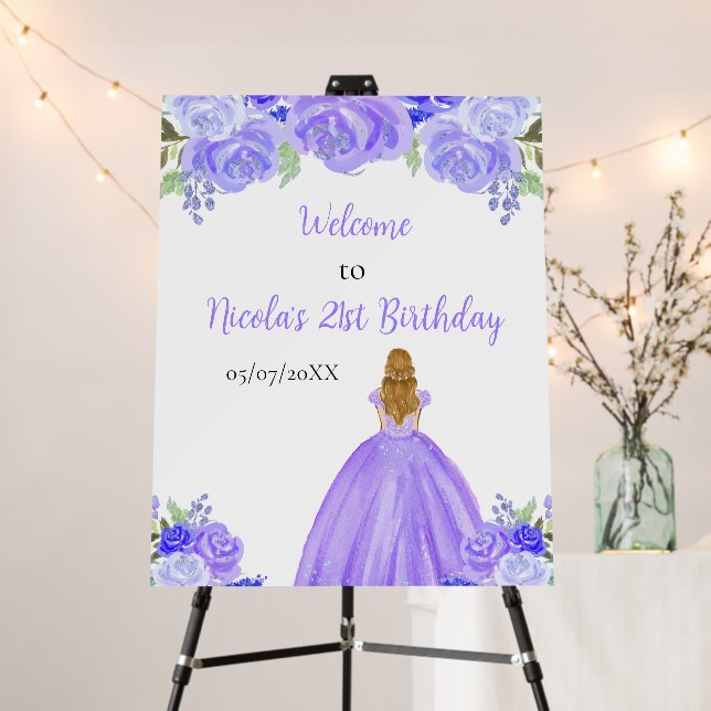Blonde Hair Princess Purple Birthday Welcome Foam Board (In Situ (Stand))