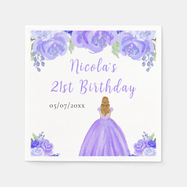 Blonde Hair Princess Purple Floral Birthday Party Napkins (Front)