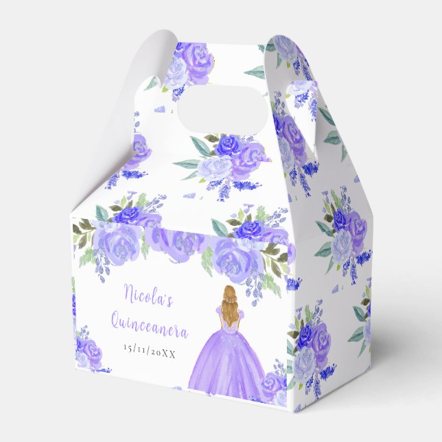Blonde Hair Princess Purple Floral Quinceanera Favor Boxes (Front Side)