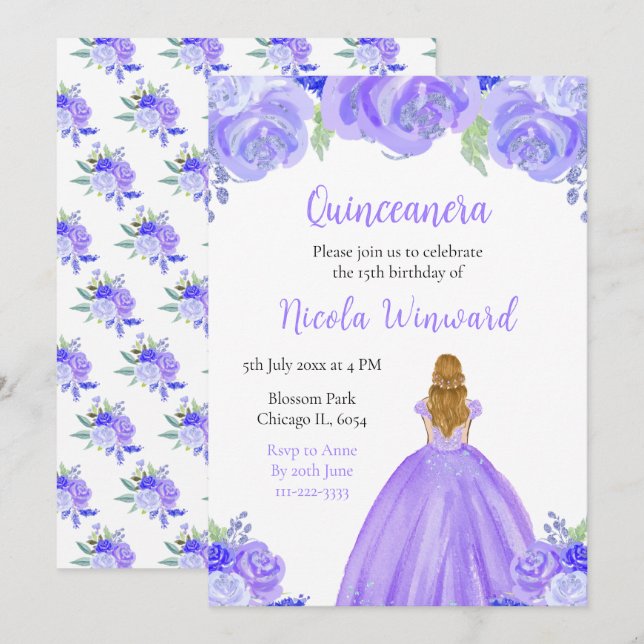 Blonde Hair Princess Purple Floral Quinceanera Invitation (Front/Back)