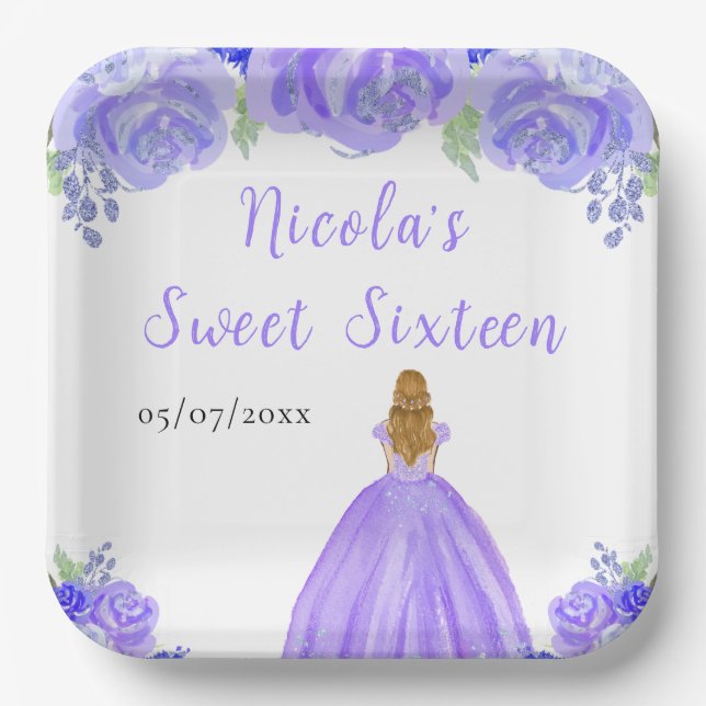 Blonde Hair Princess Purple Floral Sweet Sixteen  Paper Plates (Front)