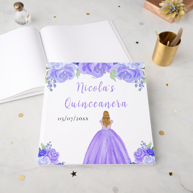 Blonde Hair Princess Purple Quinceanera Guest Book (Front Open)