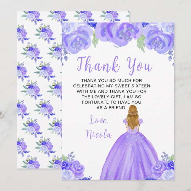 Blonde Hair Princess Purple Sweet Sixteen Thank You Card (Front/Back)