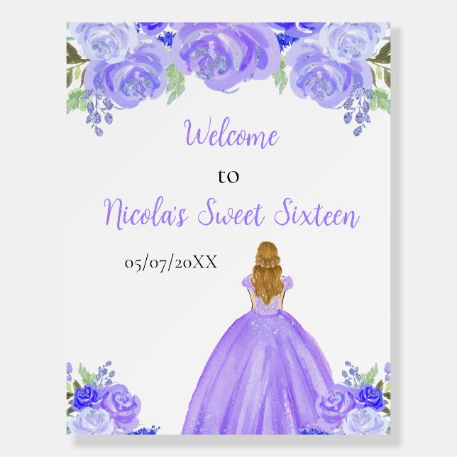 Blonde Hair Princess Purple Sweet Sixteen Welcome Foam Board (Front)