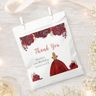 Blonde Hair Princess Red Floral Birthday Favor Bag