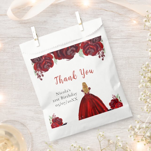 Blonde Hair Princess Red Floral Birthday Favor Bag (Clipped)