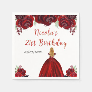 Blonde Hair Princess Red Floral Birthday Napkins