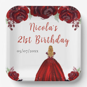 Blonde Hair Princess Red Floral Birthday Paper Plates