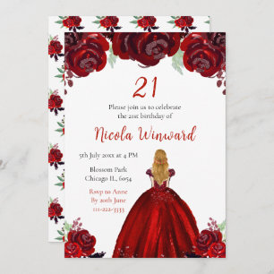 Blonde Hair Princess Red Floral Birthday Party Invitation