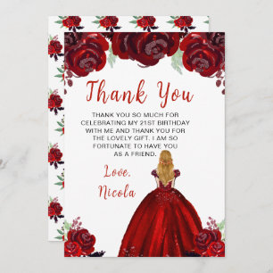 Blonde Hair Princess Red Floral Birthday Party Thank You Card
