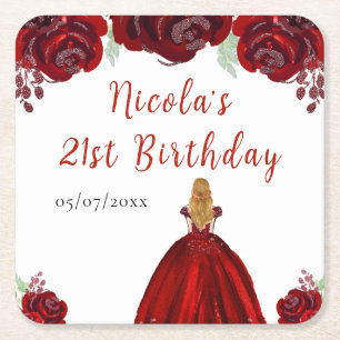 Blonde Hair Princess Red Floral Birthday Square Paper Coaster