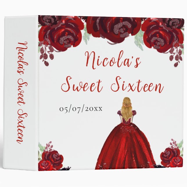 Blonde Hair Princess Red Floral Sweet Sixteen 3 Ring Binder (Front/Spine)