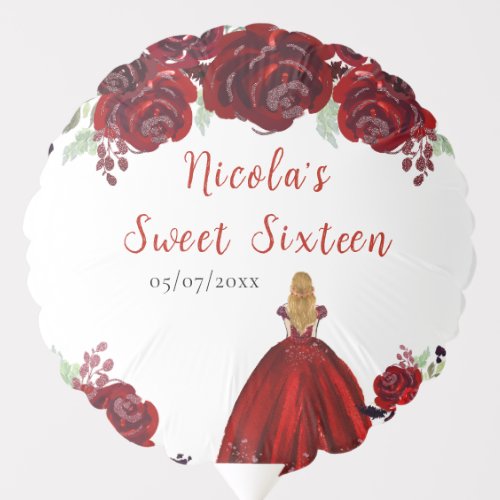 Blonde Hair Princess Red Floral Sweet Sixteen  Balloon