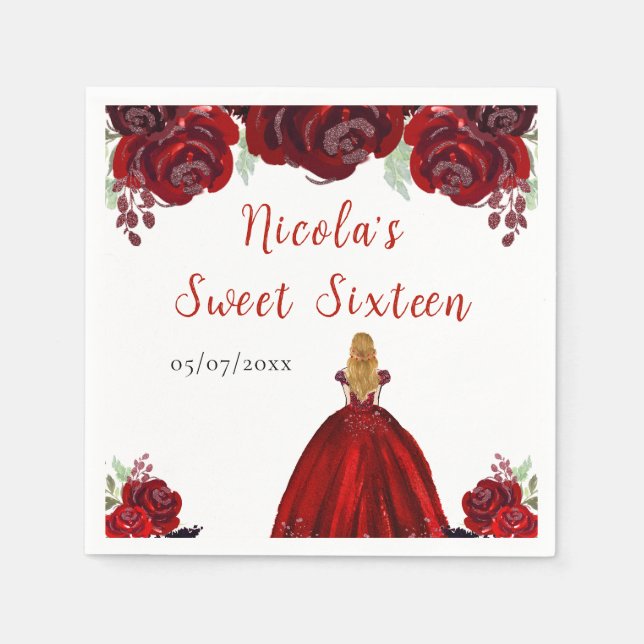 Blonde Hair Princess Red Floral Sweet Sixteen  Napkins (Front)