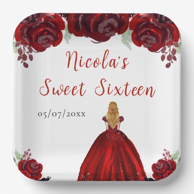 Blonde Hair Princess Red Floral Sweet Sixteen  Paper Plates (Front)