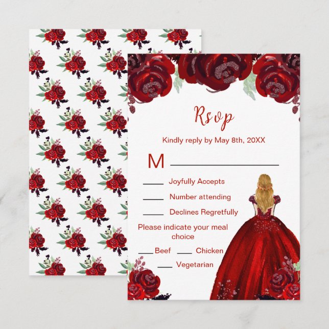 Blonde Hair Princess Red Floral Sweet Sixteen  RSVP Card (Front/Back)
