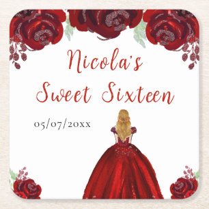 Blonde Hair Princess Red Floral Sweet Sixteen  Square Paper Coaster