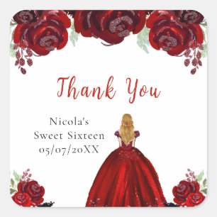 Blonde Hair Princess Red Floral Sweet Sixteen Square Sticker