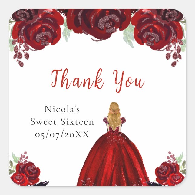 Blonde Hair Princess Red Floral Sweet Sixteen  Square Sticker (Front)