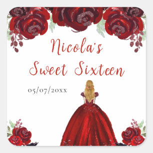 Blonde Hair Princess Red Floral Sweet Sixteen  Square Sticker
