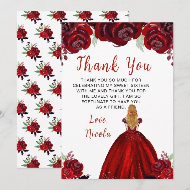 Blonde Hair Princess Red Floral Sweet Sixteen  Thank You Card (Front/Back)