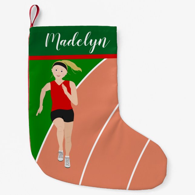 Blonde Hair Track Girl in Red Small Christmas Stocking (Front)