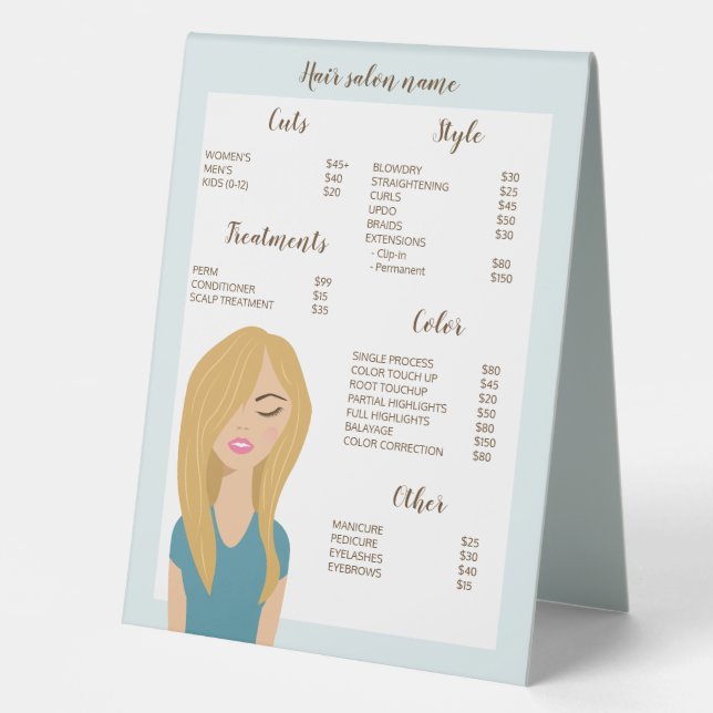 Blonde Hair Woman Drawing Custom Hair Salon Menu Table Tent (Front)