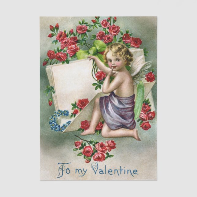 Blonde-Haired Valentine Cherub with Red Roses Tissue Paper (Front)