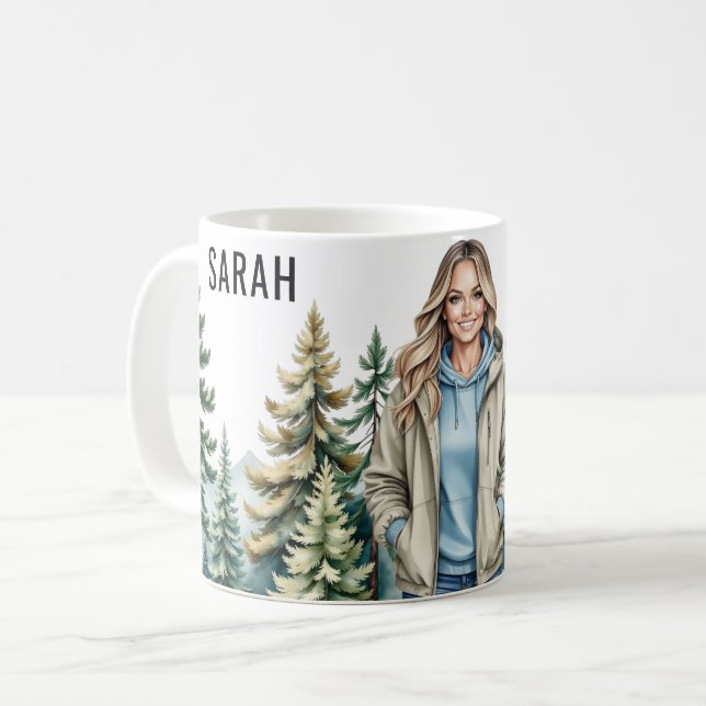 Blonde Hiker in Forest – Personalized Outdoor Adve Coffee Mug (Front Left)