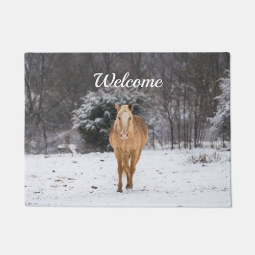 Blonde Horse Walk In The Snow Welcome Doormat