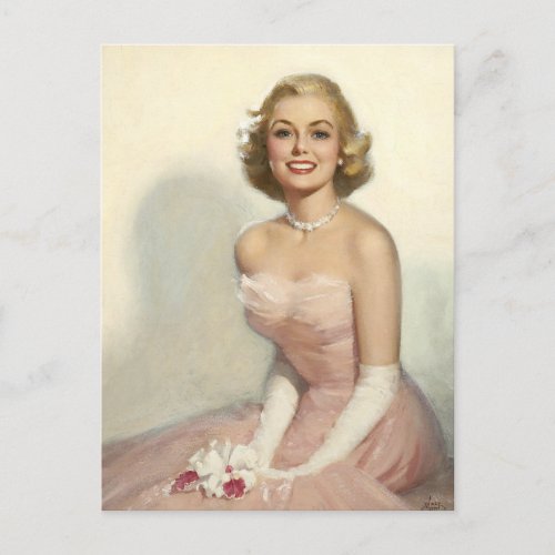 Blonde in Pink Formal Pin Up Art Postcard