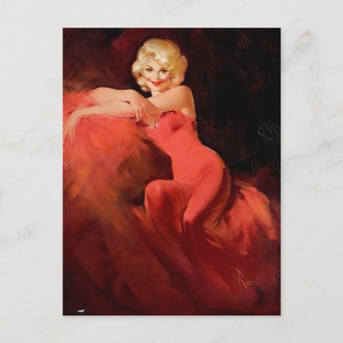 Blonde in Red Dress Pin Up Art Postcard