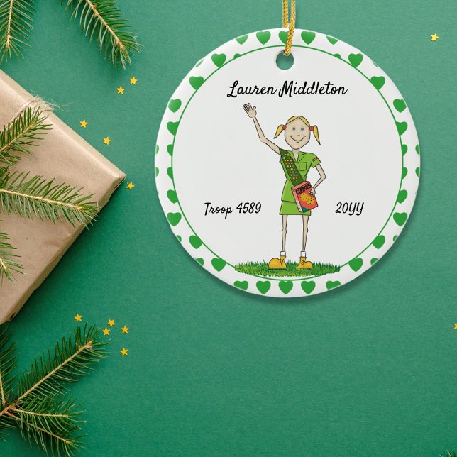 Blonde Junior Girl Scouting Green Heart Shape Ceramic Ornament (Creator Uploaded)