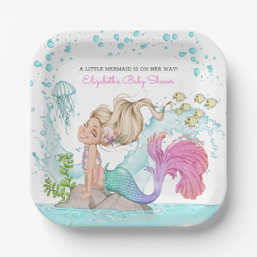 Blonde Little Mermaid Baby Shower Paper Plates
