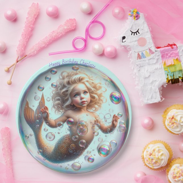 Blonde Little Mermaid Bubble Paper Plates (Party)