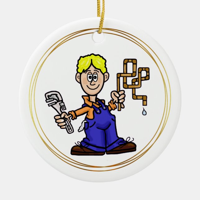 Blonde Male Plumber with Copper Pipes Ornament     (Front)