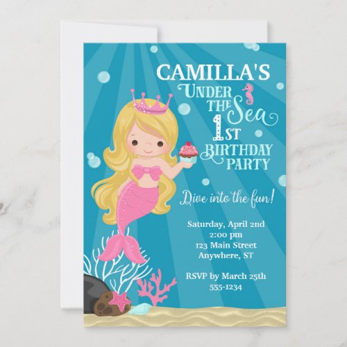 Blonde Mermaid 1ST Birthday Invitation