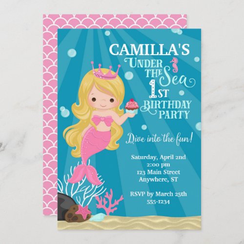 Blonde Mermaid 1ST Birthday Invitation _ no photo