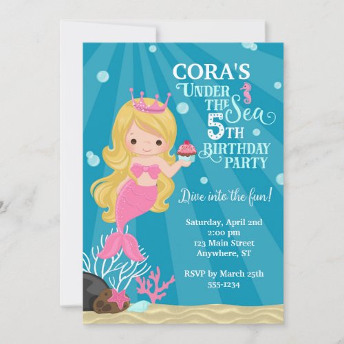 Blonde Mermaid 5TH Birthday Invitation