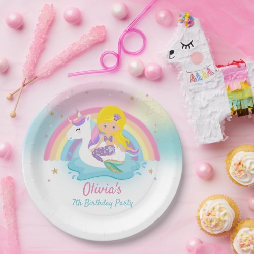 Blonde Mermaid and Unicorn Pool Birthday Party  Paper Plates