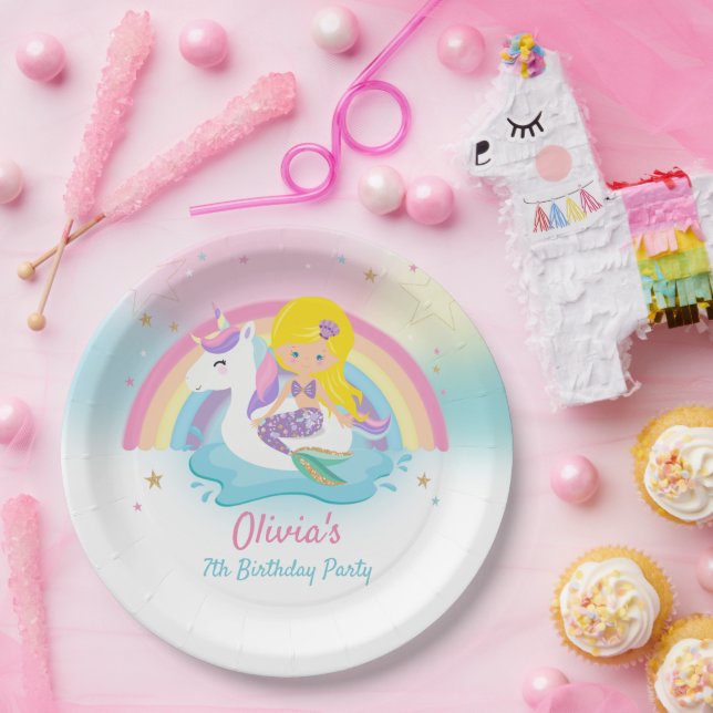 Blonde Mermaid and Unicorn Pool Birthday Party  Paper Plates (Party)