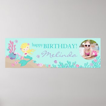 Blonde Mermaid Birthday Banner Poster by NouDesigns at Zazzle
