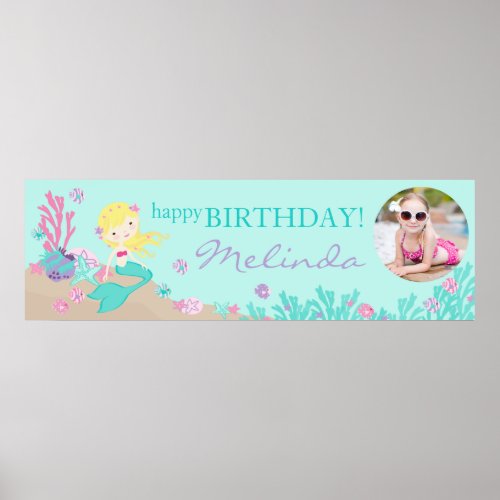 Blonde Mermaid Birthday Banner Poster