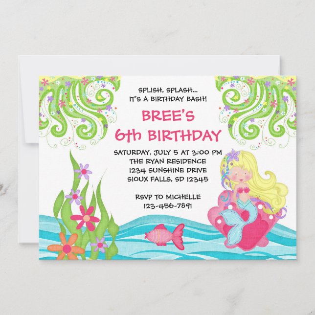 Blonde Mermaid Birthday Invitations (Front)