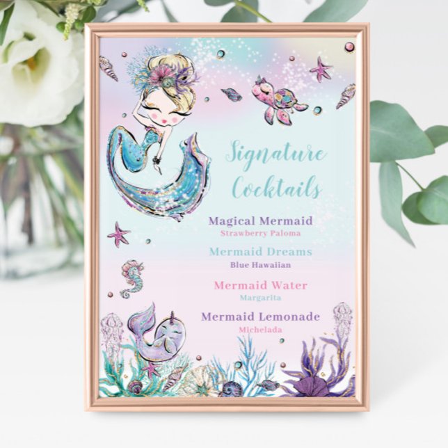 Blonde Mermaid Birthday Signature Cocktail Menu Photo Print (zazzle-mermaid-blonde-girl-under-the-sea-ocean-pool-birthday-baby-shower-signature-cocktails-sign)