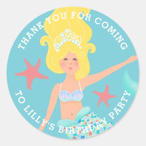 Blonde Mermaid Birthday Thank You Classic Round Sticker